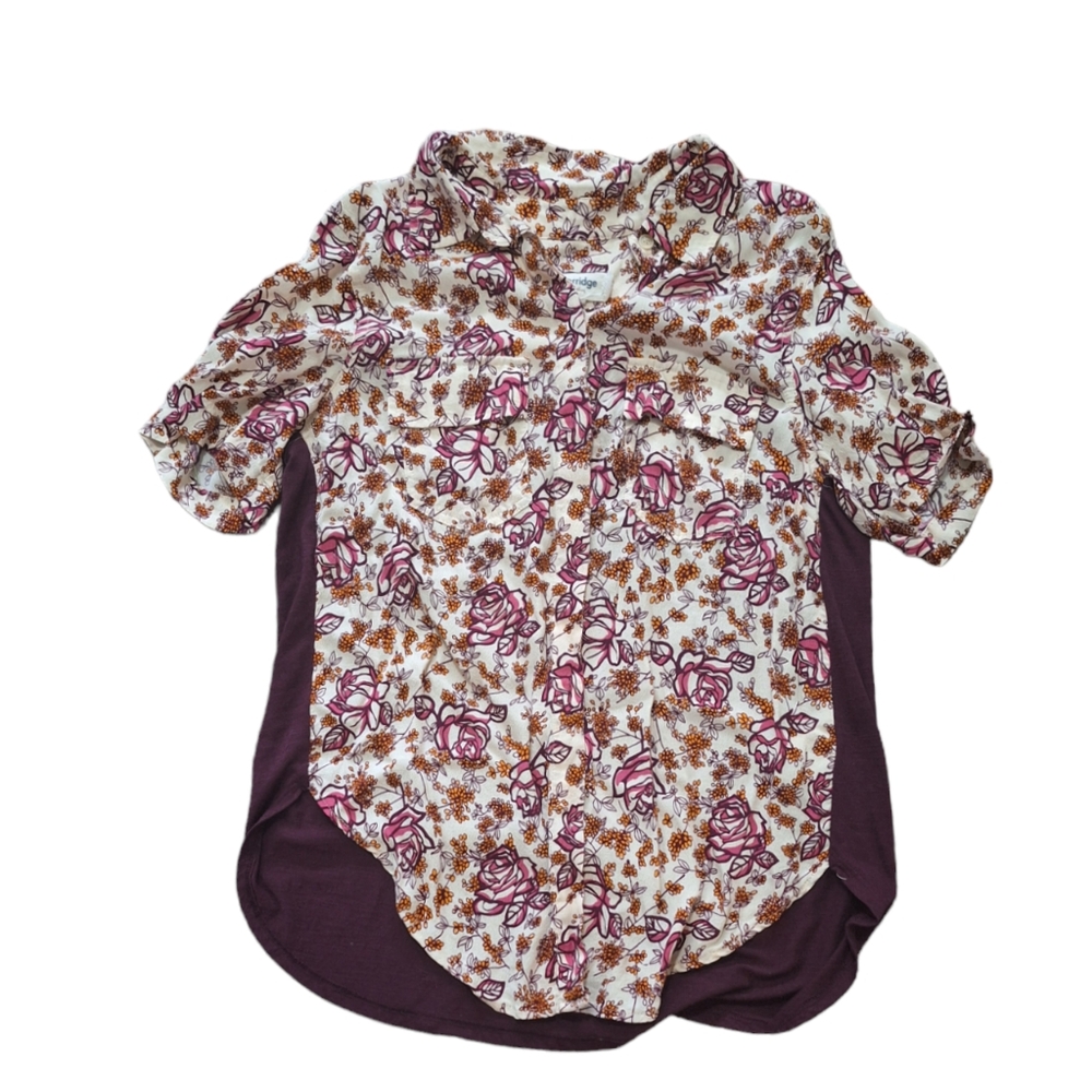 Porridge Anthropologie Bergen Maroon Button Down Floral Shirt, Sz S